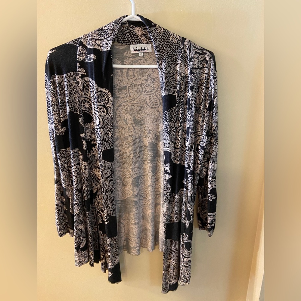 Lady Dutch pastel pink & black modern paisley design cardigan blazer size medium